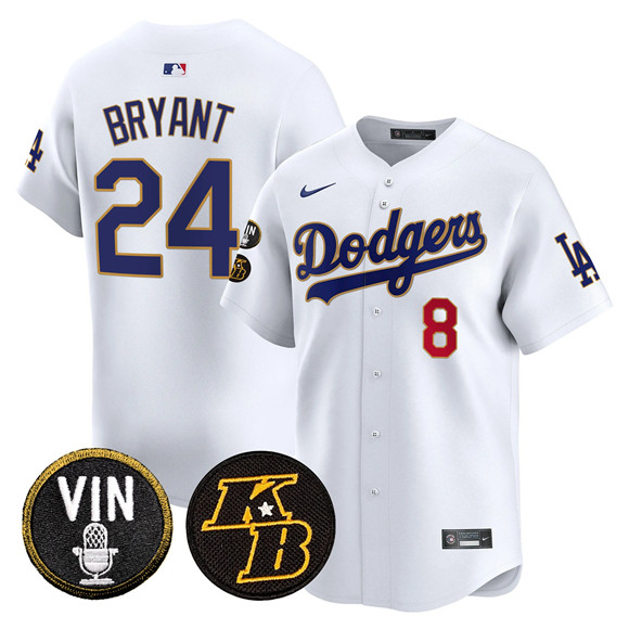 Men's White Los Angeles Dodgers Front #8 Back #24 Kobe Bryant 2026 Vin & Kobe Patch Gold Trim Vapor Premier Limited Stitched Baseball Jersey